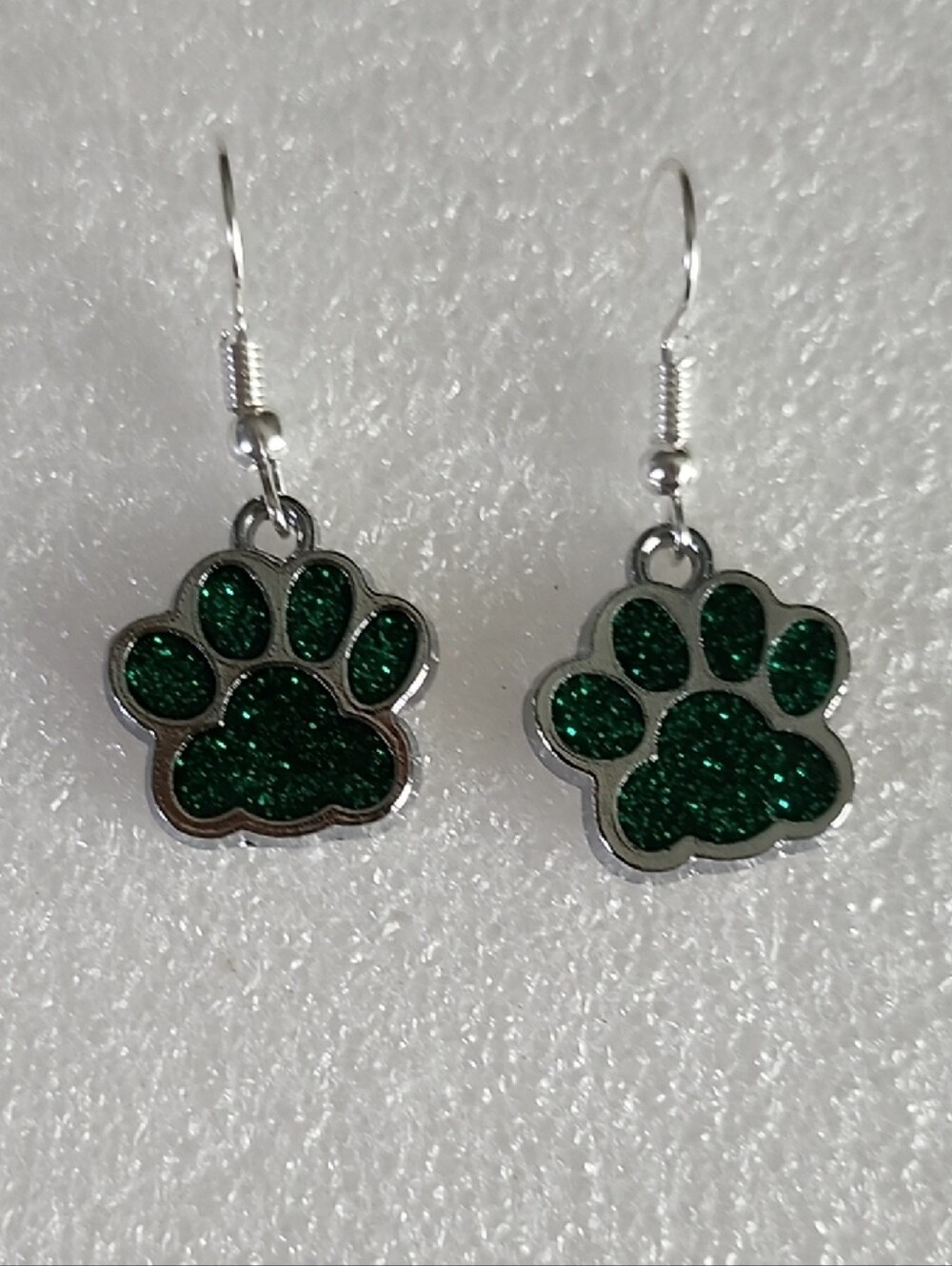 Hand Crafted Green Glitter Paw Print Dangle Earrings